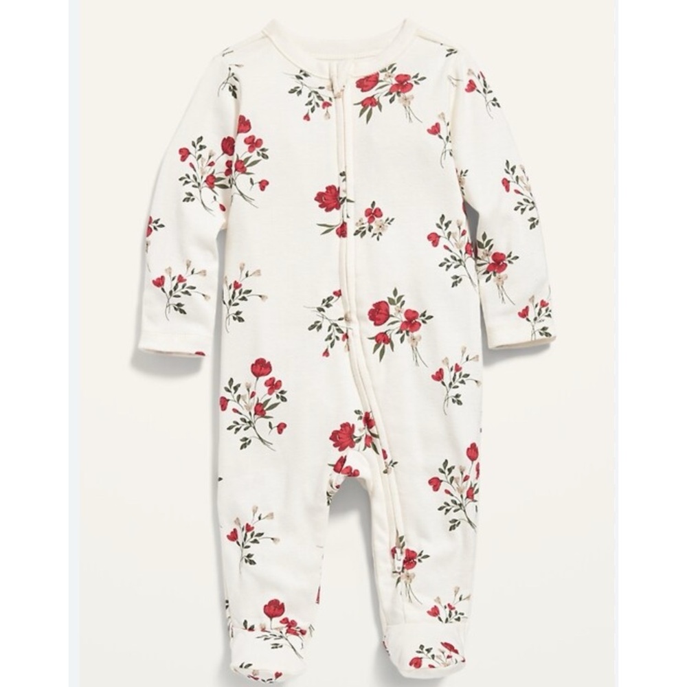 Old Navy Cream & Red Holiday Floral Two-Way Zip Footie Baby Girl Size 6-9M